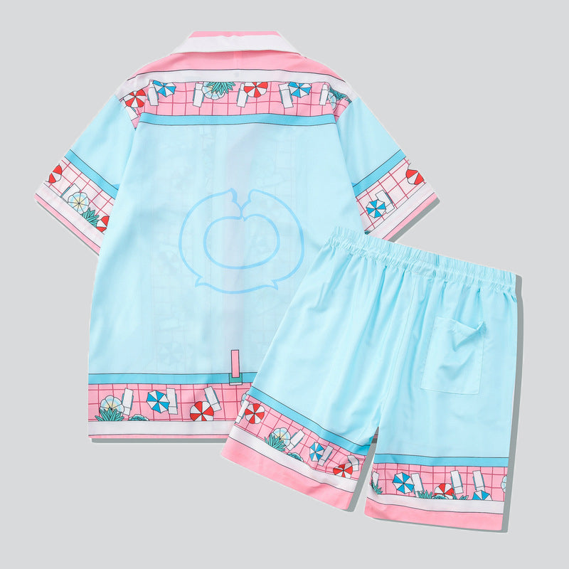 Pool Sunshade Print Blue Pink Short Sets