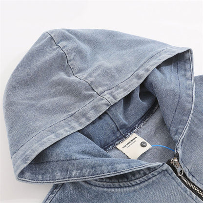 Zipped Denim Hoodie with Rivets