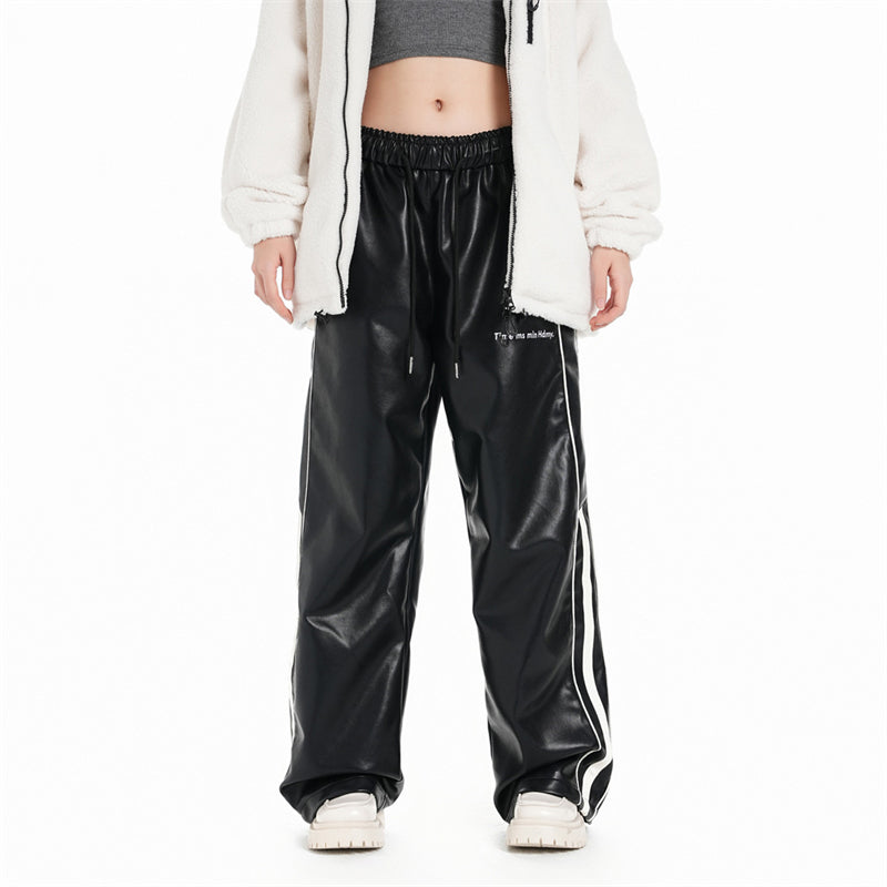 Artificial Leather Side Stripes Pants