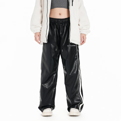 Artificial Leather Side Stripes Pants