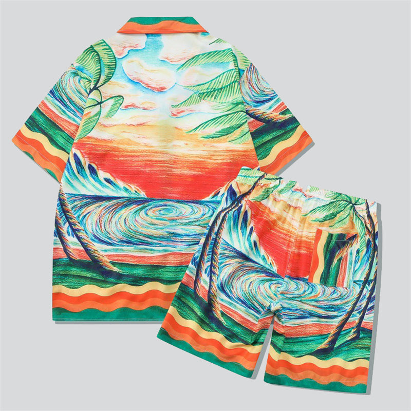 Sunset Palm Tree Print Shirt + Beach Shorts