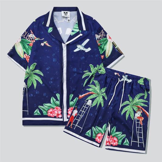 Coconut Tree Print Aloha Shirt + Beach Shorts