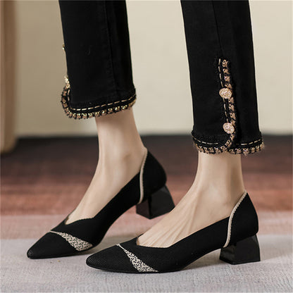 Casual Contrast Color Pointed Toe Chunky Heels