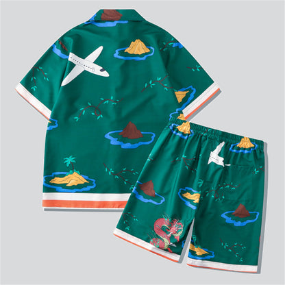 Plane Over Small Islands Print Green Sets