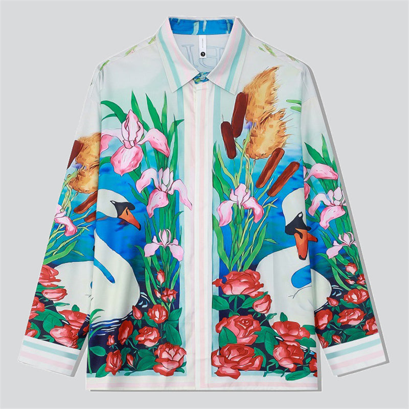 White Swan Rose Print Retro Shirt