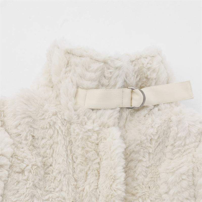 Bow Embroidered Faux Lamb Fur Coat