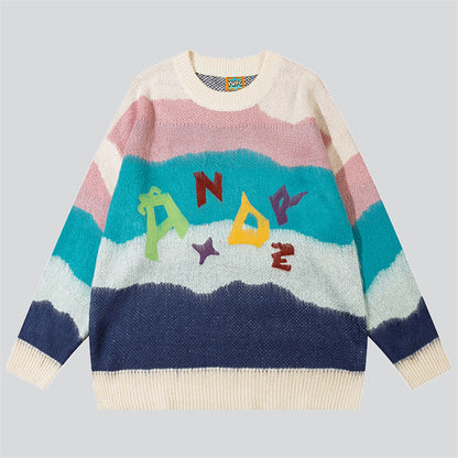 Multicolour Stripes Letter Embroidery Sweater