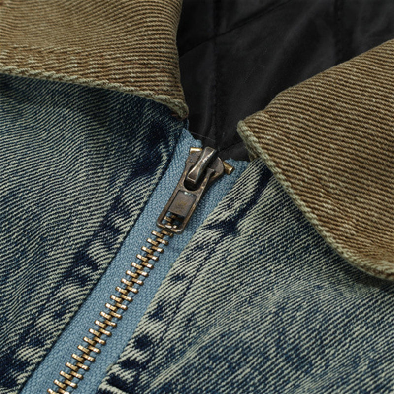 Washed Effect Zipper Cotton Padded Denim Coat