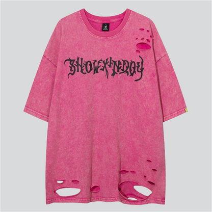 Skeleton Wings Letter Print Ripped Holes Tees