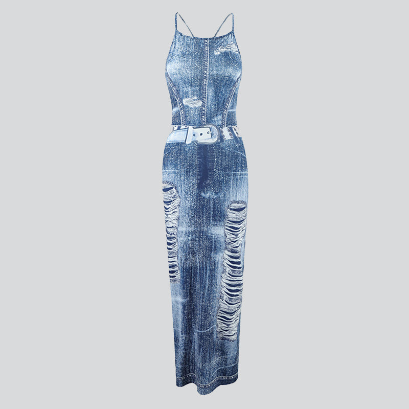 Printed Blue Spaghetti Strap Dress