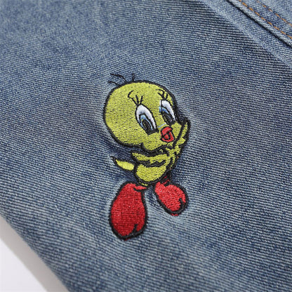 Classic Cartoon Embroidery Denim Overalls