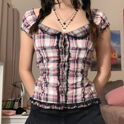Single-breasted Waist Strap Lace Shirt