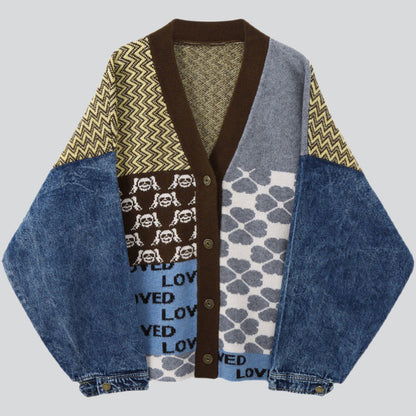 V Neck Denim Patchwork Sweater