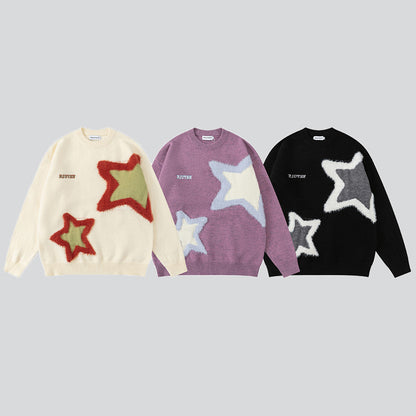 Contrast Color Star Flocked Sweater