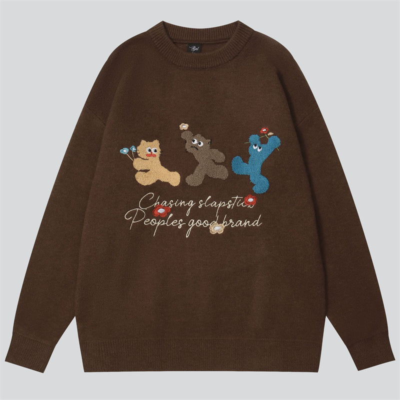 Three Playful Cats Flower Flocking Sweater