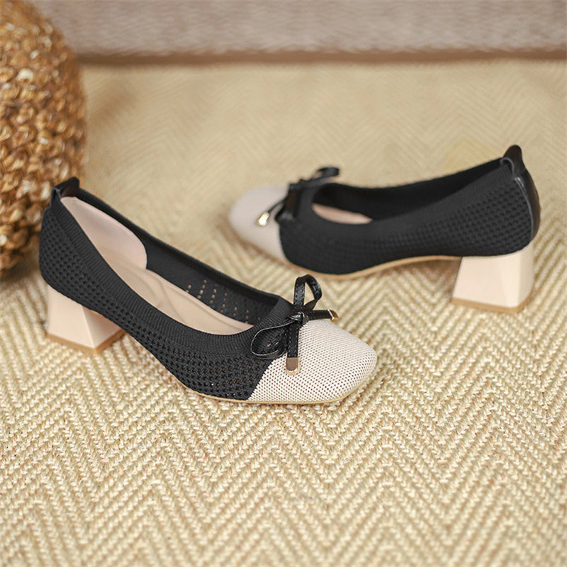 Elegant Pearl Bowknot Chunky Heels