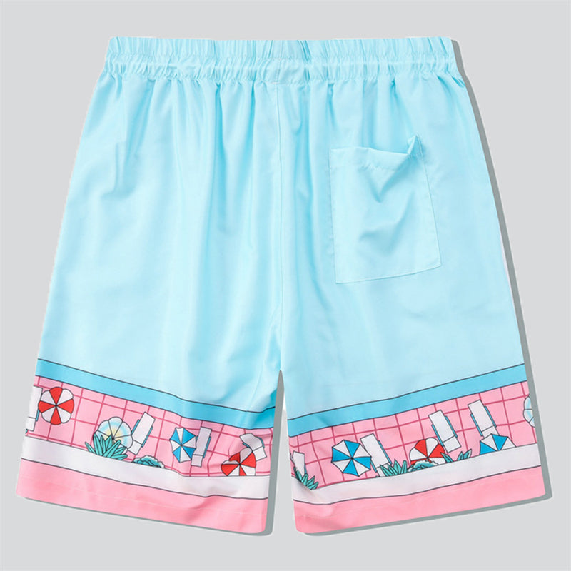 Pool Sunshade Print Blue Pink Short Sets