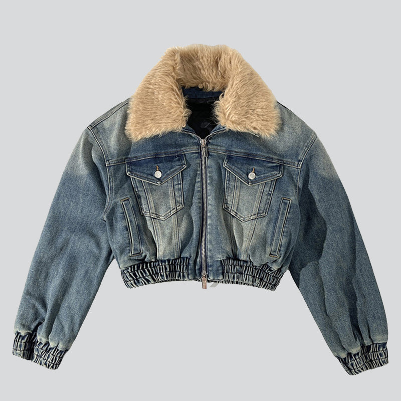 Removable Fur Collar Double-zip Denim Coat