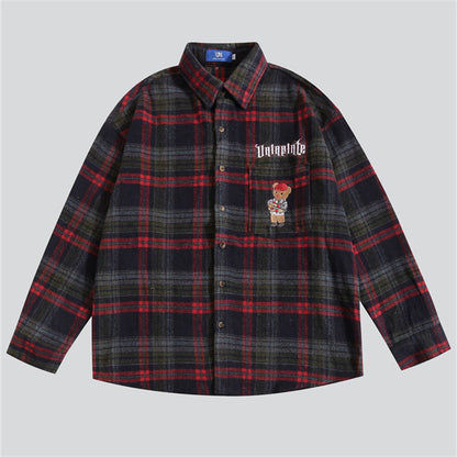 Bear Embroidery Long Sleeve Plaid Shirt