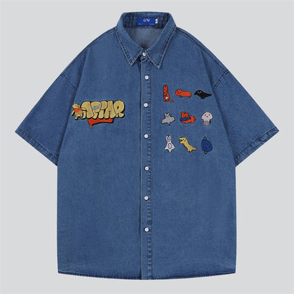 Animal Letter Embroidery Summer Denim Shirt