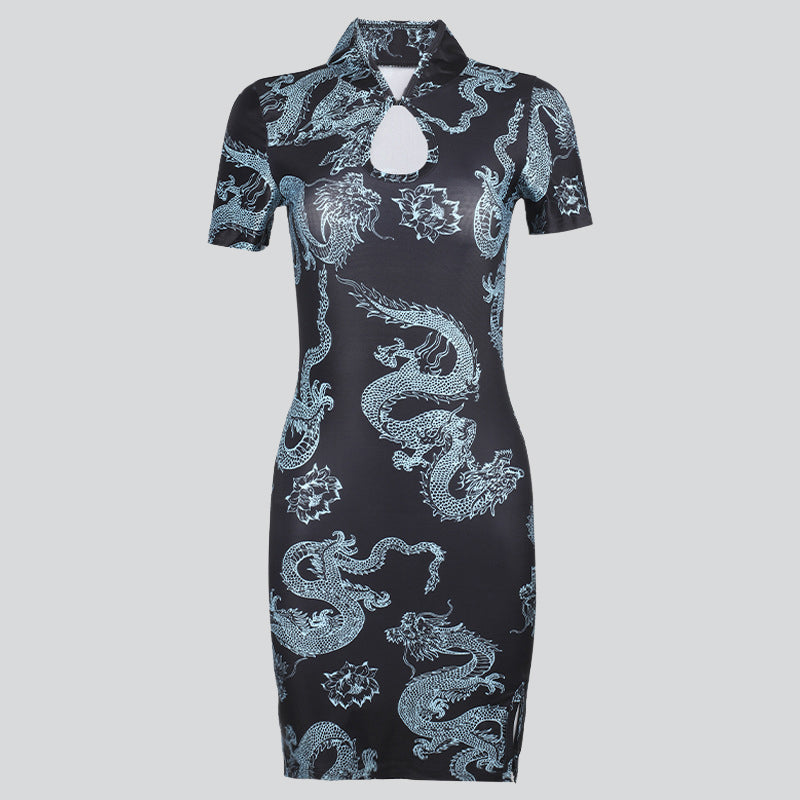 Loong Lotus Print Cheongsam Dress