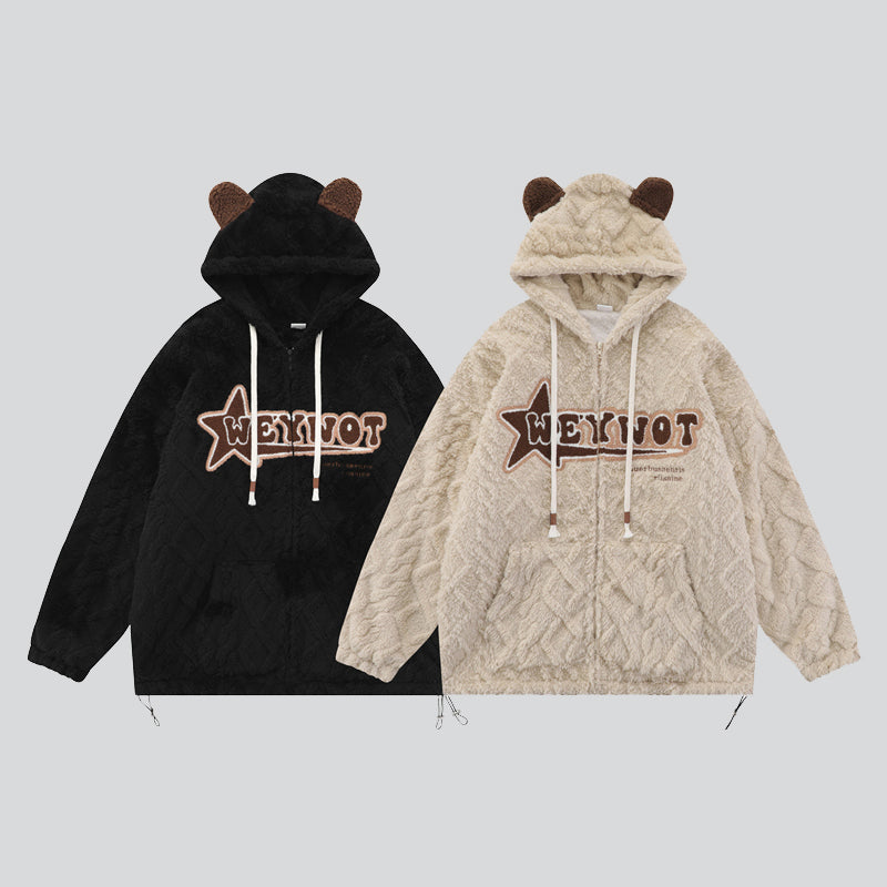 Fluffy Embroidery Zip-front Hoodies