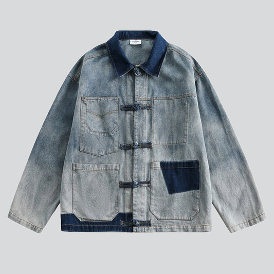 Retro Patchwork Denim Chore Coat