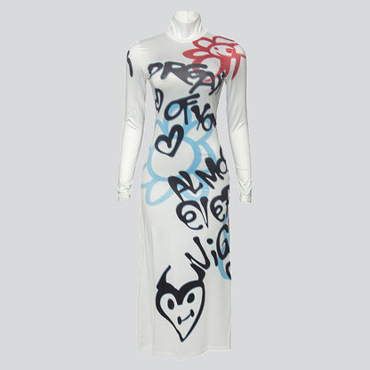 Flower Heart Letter Graffiti Print Dress