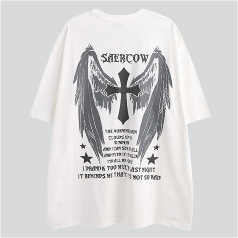 Cross Angel Wings Print Short Sleeve Tees