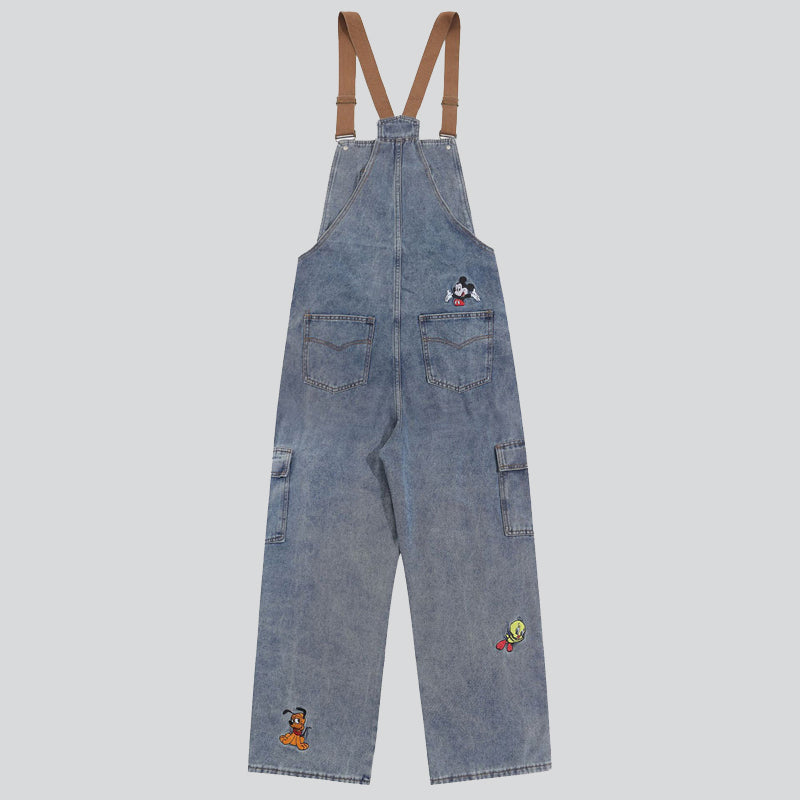 Classic Cartoon Embroidery Denim Overalls