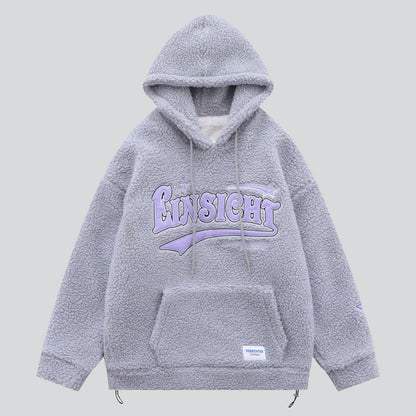 Faux Lambswool Letter Patch Hoodie