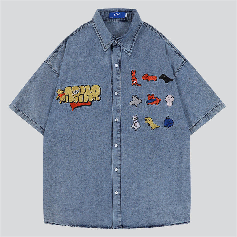 Animal Letter Embroidery Summer Denim Shirt