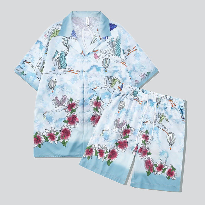 Red Hibiscus Flower Flying Crane Print Hawaiian Sets