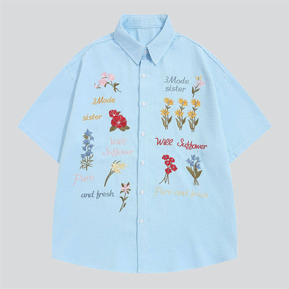 Summer Plaid Shirt with Flower Letter Embroidery