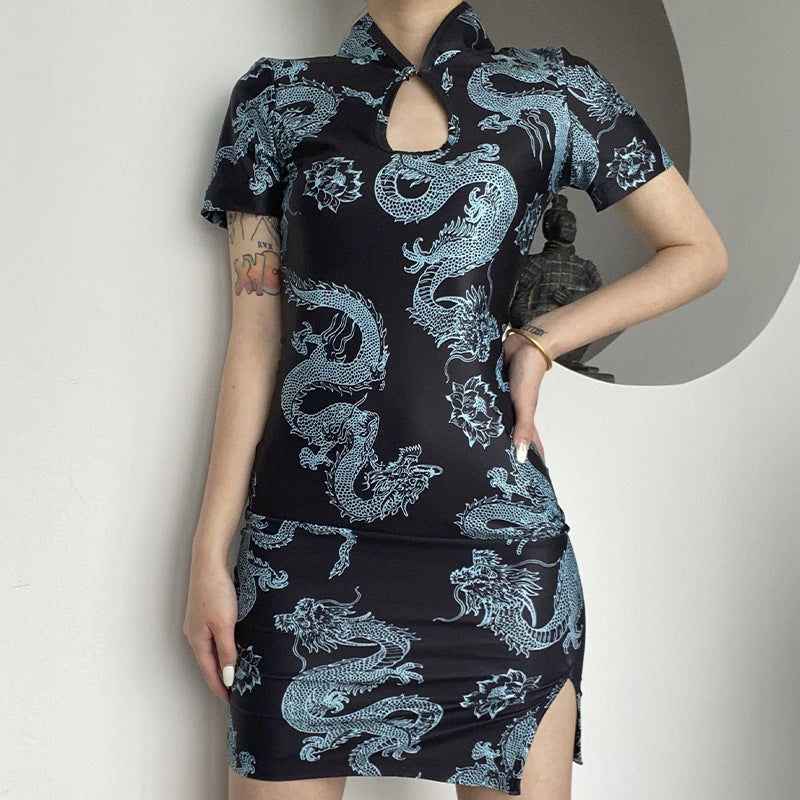 Loong Lotus Print Cheongsam Dress