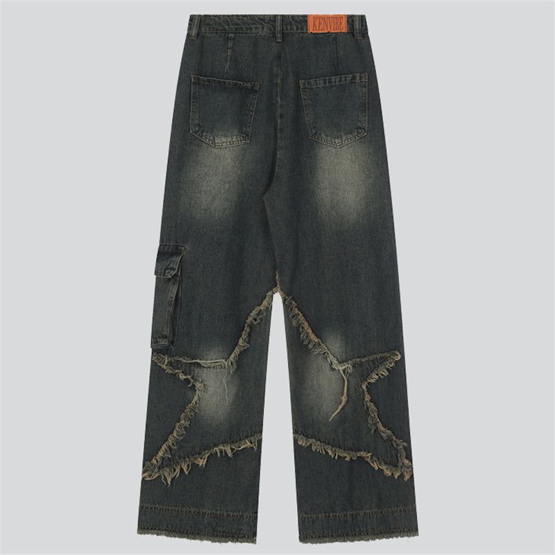 Five-Pointed Star Patch Raw Edge Jeans