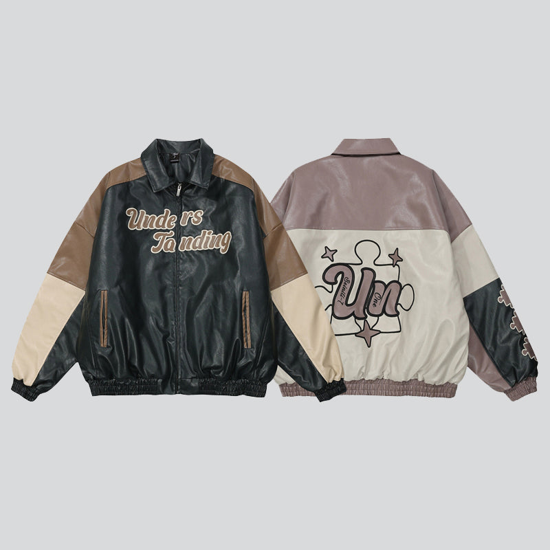 "Understanding" Embroidered Faux Leather Coat