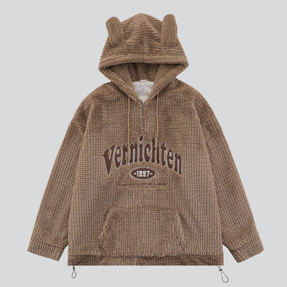 Embroidered Patch Fleece Bear Ears Hoodie