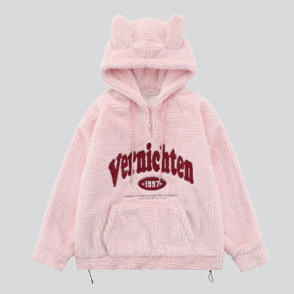 Embroidered Patch Fleece Bear Ears Hoodie