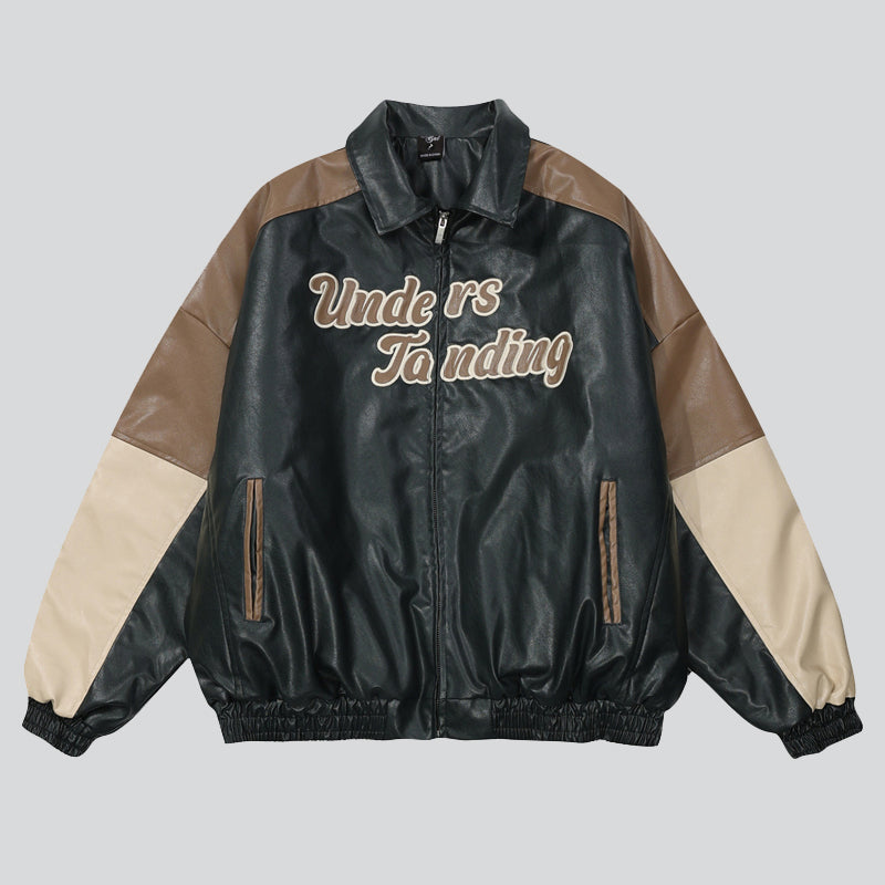 "Understanding" Embroidered Faux Leather Coat