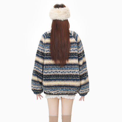 Multicolor Stripes Faux Fur Coat