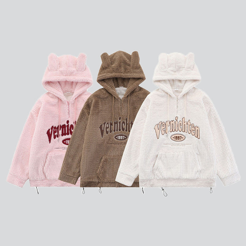 Embroidered Patch Fleece Bear Ears Hoodie