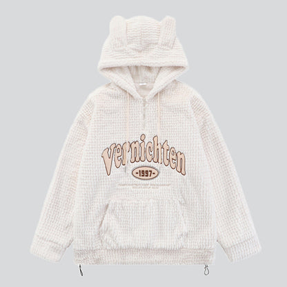 Embroidered Patch Fleece Bear Ears Hoodie